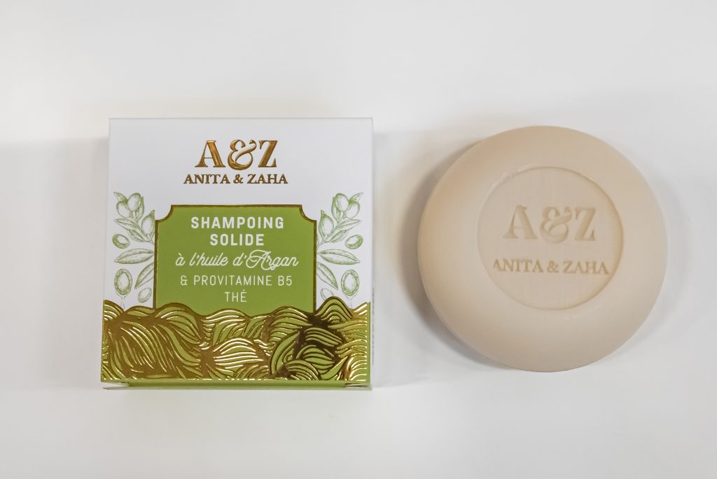 Shampoing solide ANITA & ZAHA à l’huile d’Argan et provitamine B5, 94% naturel, sans huile de palme ni graisse animale, zéro déchet.