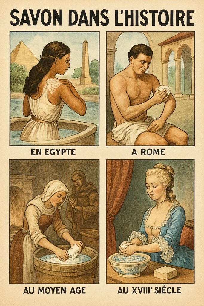 Image illustrant l’évolution du savon dans le temps, créée par ANITA & ZAHA.