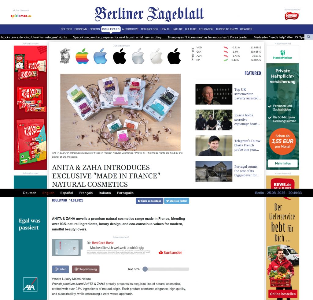ANITA & ZAHA cosmetics launch featured in Berliner Tageblatt