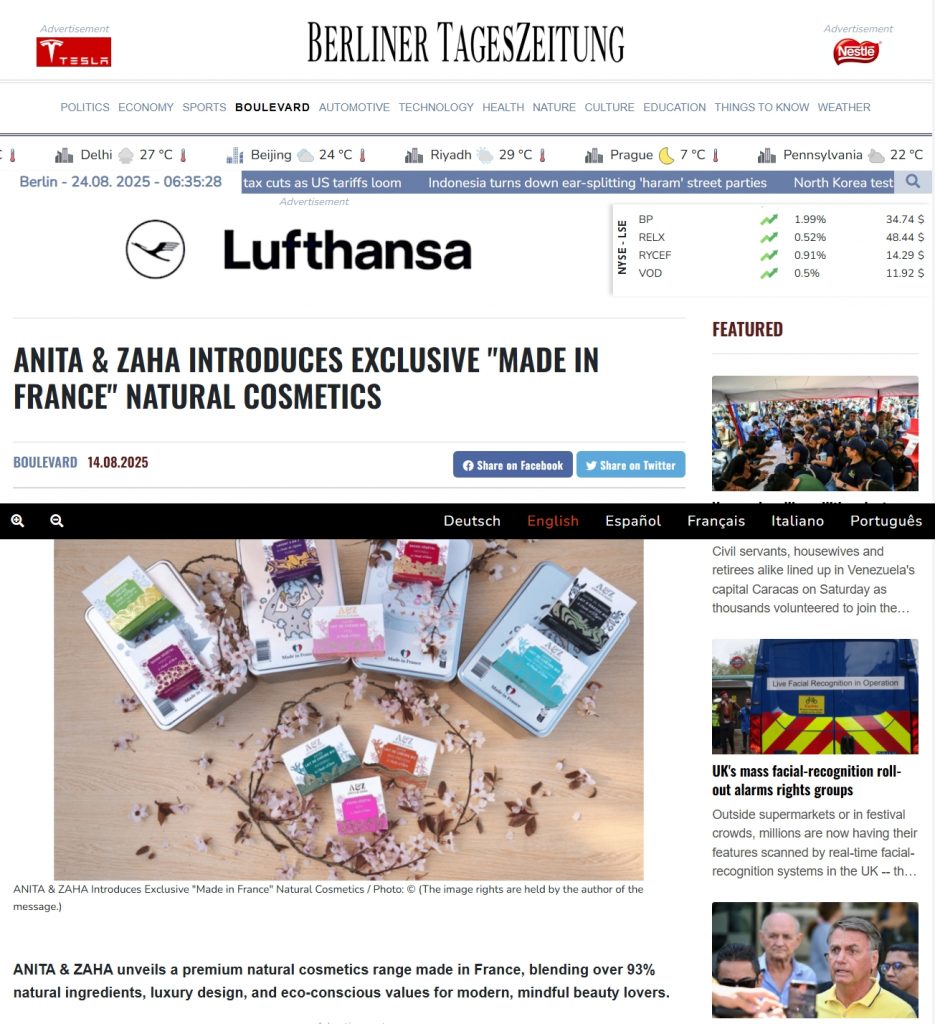 ANITA & ZAHA Luxury Natural Cosmetics – Berliner Tageszeitung Coverage of French Products