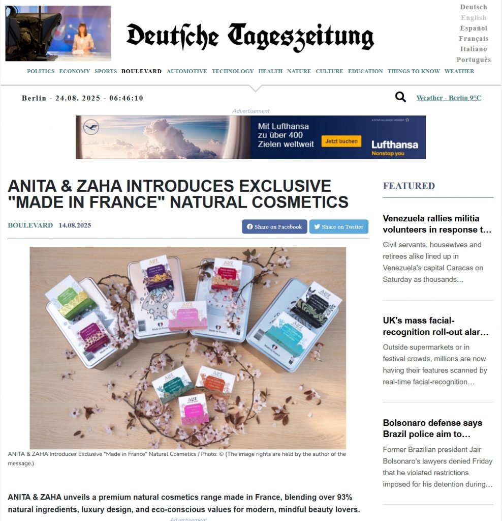 Article presenting ANITA & ZAHA products on Deutsche Tageszeitung