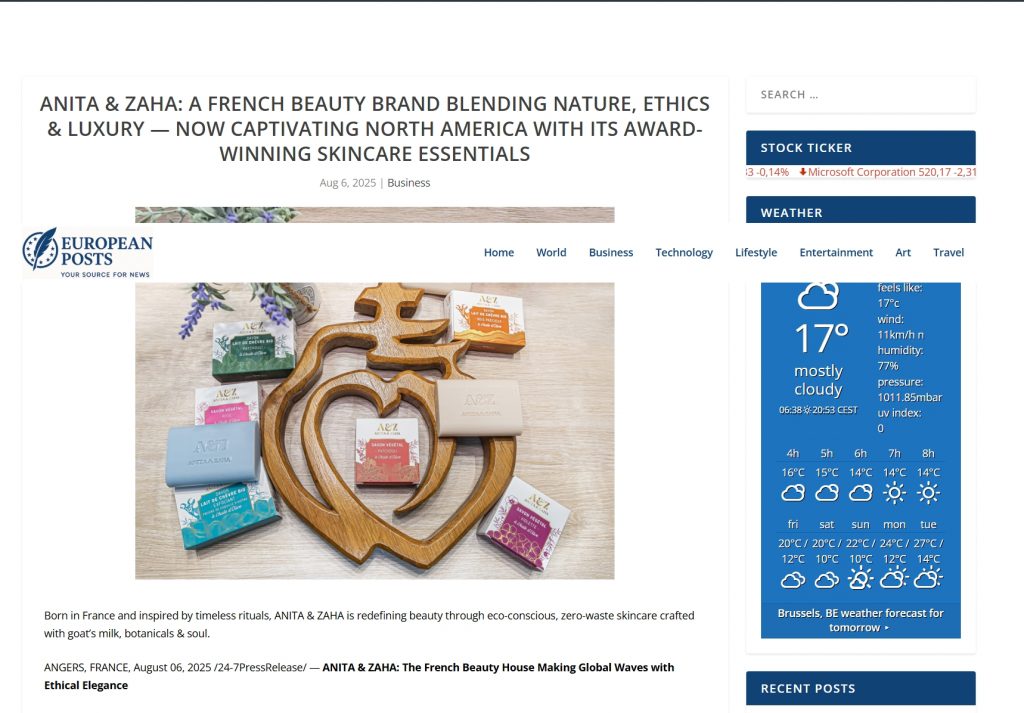 Screenshot of European Posts article featuring ANITA & ZAHA – French eco-luxury skincare brand expanding worldwide