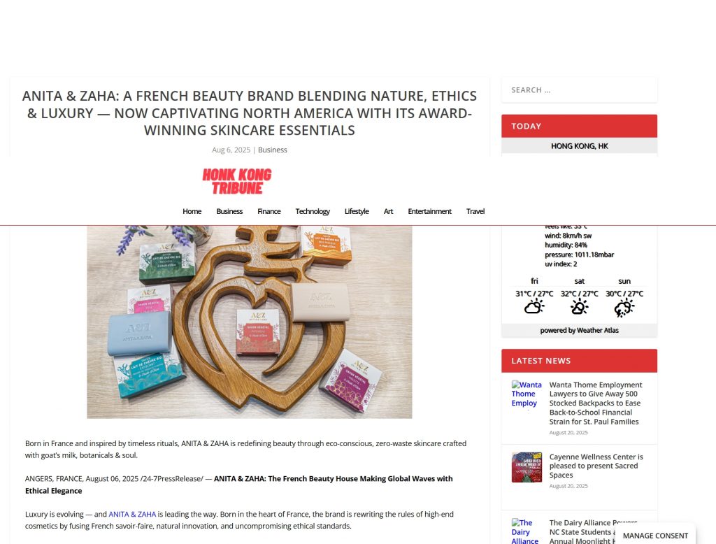 Screenshot of Hong Kong Tribune article highlighting ANITA & ZAHA, the French eco-conscious skincare brand