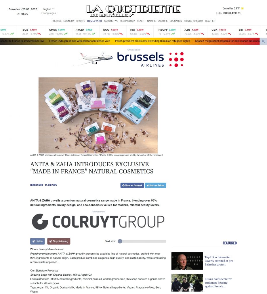 ANITA & ZAHA eco-conscious beauty in La Quotidienne de Bruxelles