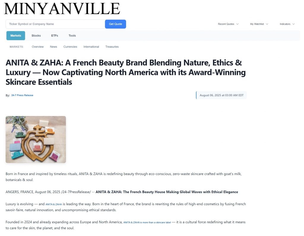 Screenshot of ANITA & ZAHA’s feature on Minyanville showing eco-conscious skincare and ethical business practices.