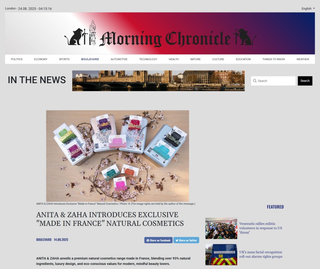 Screenshot of Morning Chronicle front page featuring ANITA & ZAHA natural cosmetics article