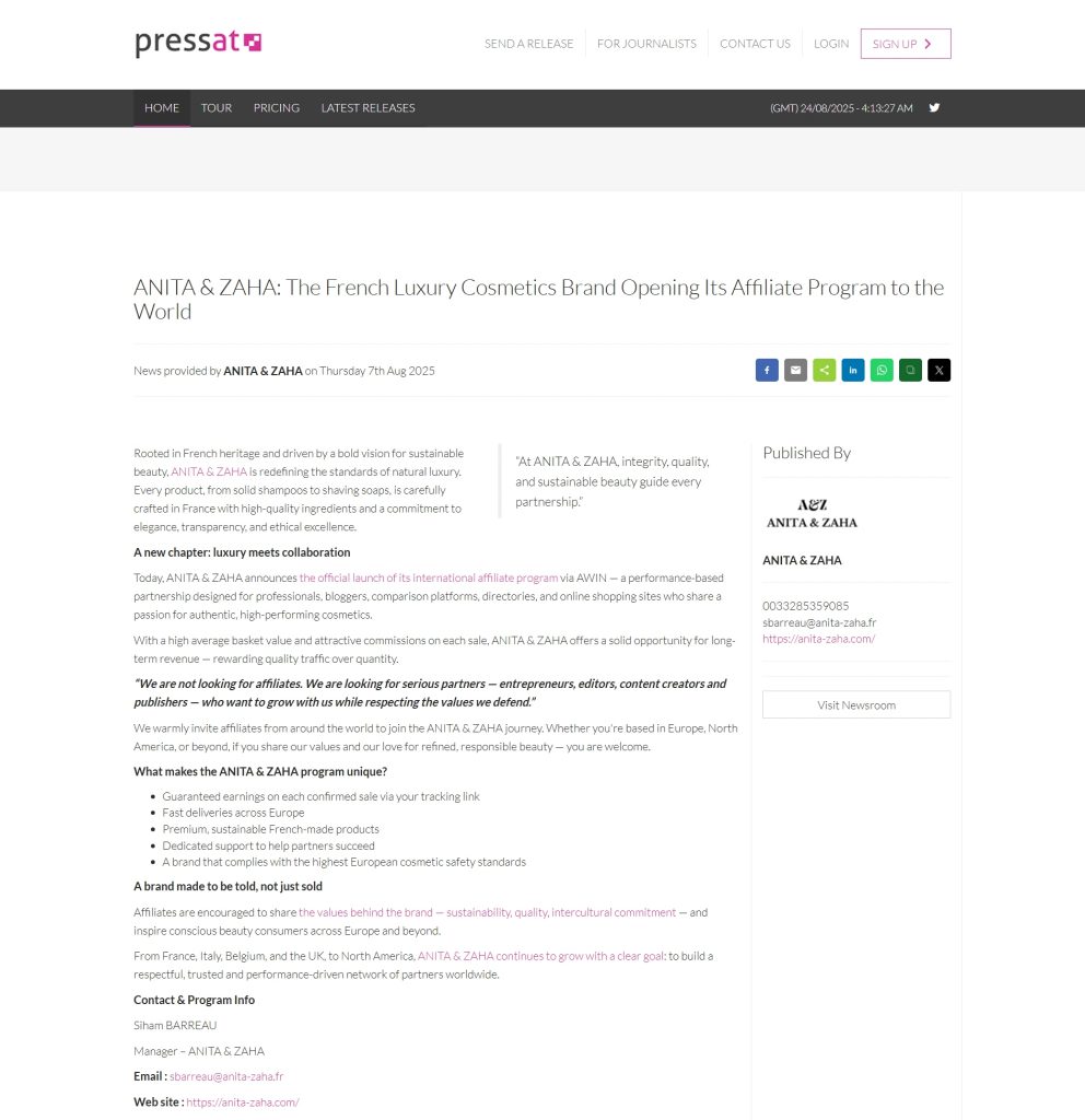 Cover of the ANITA & ZAHA press release announcing the launch of its international affiliate program via AWIN, distributed by Pressat on 7 August 2025.