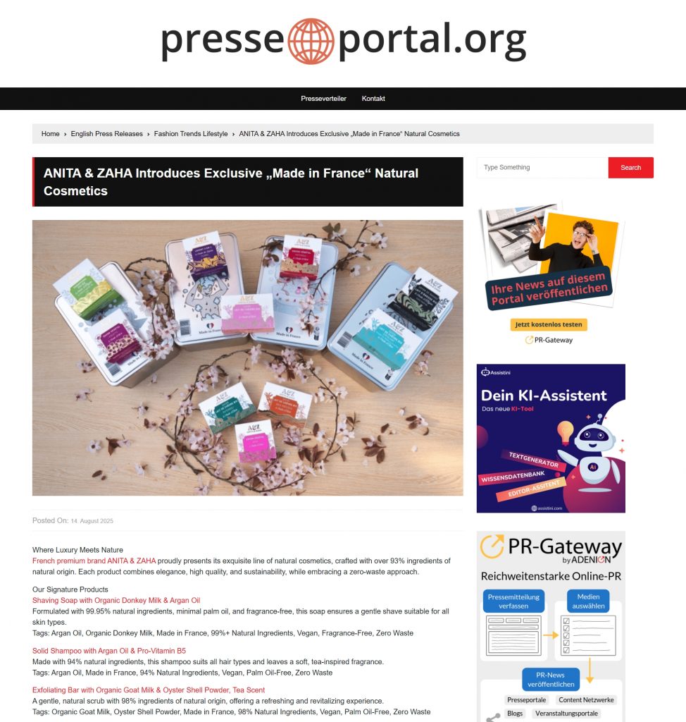 Article presenting ANITA & ZAHA products on Presse Portal
