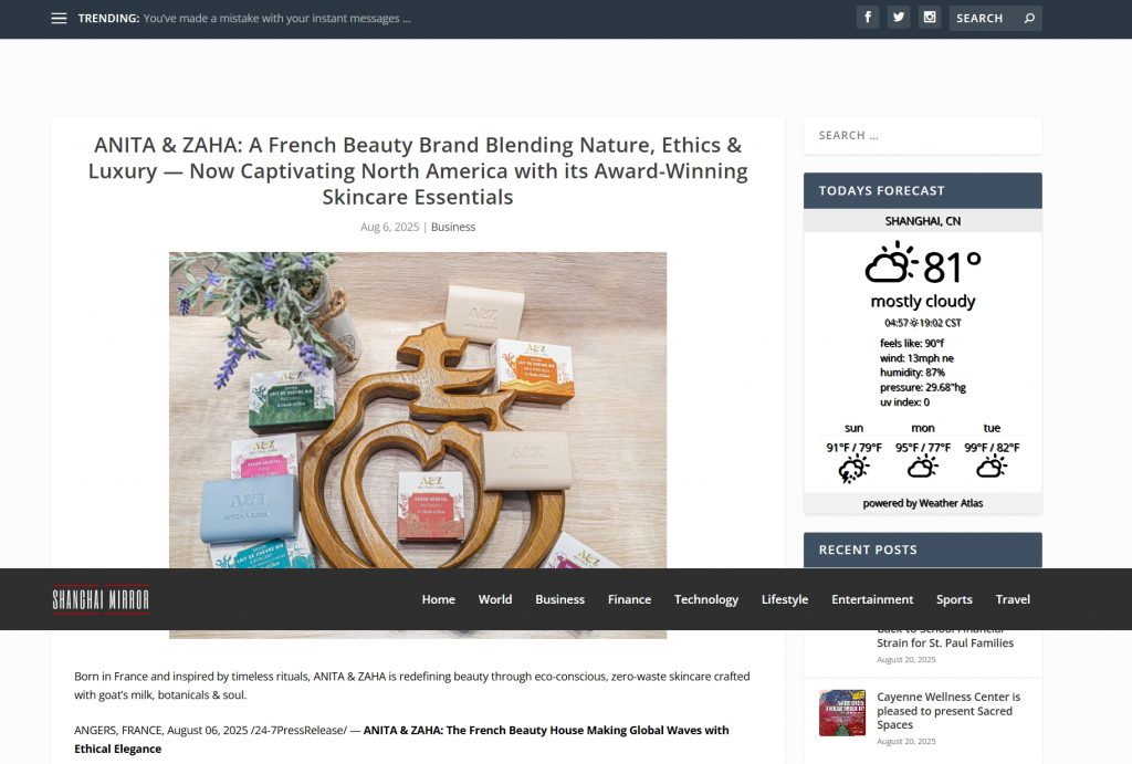 Screenshot of Shanghai Mirror article highlighting ANITA & ZAHA, the French natural skincare brand