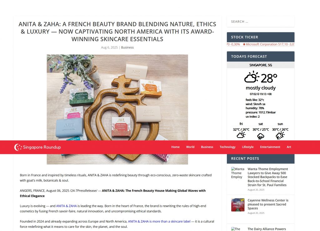 Article presenting ANITA & ZAHA products on Singapore Roundup
