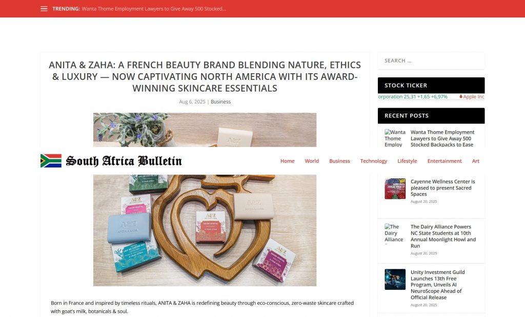 Screenshot of South Africa Bulletin article presenting ANITA & ZAHA, a French ethical and luxury skincare brand