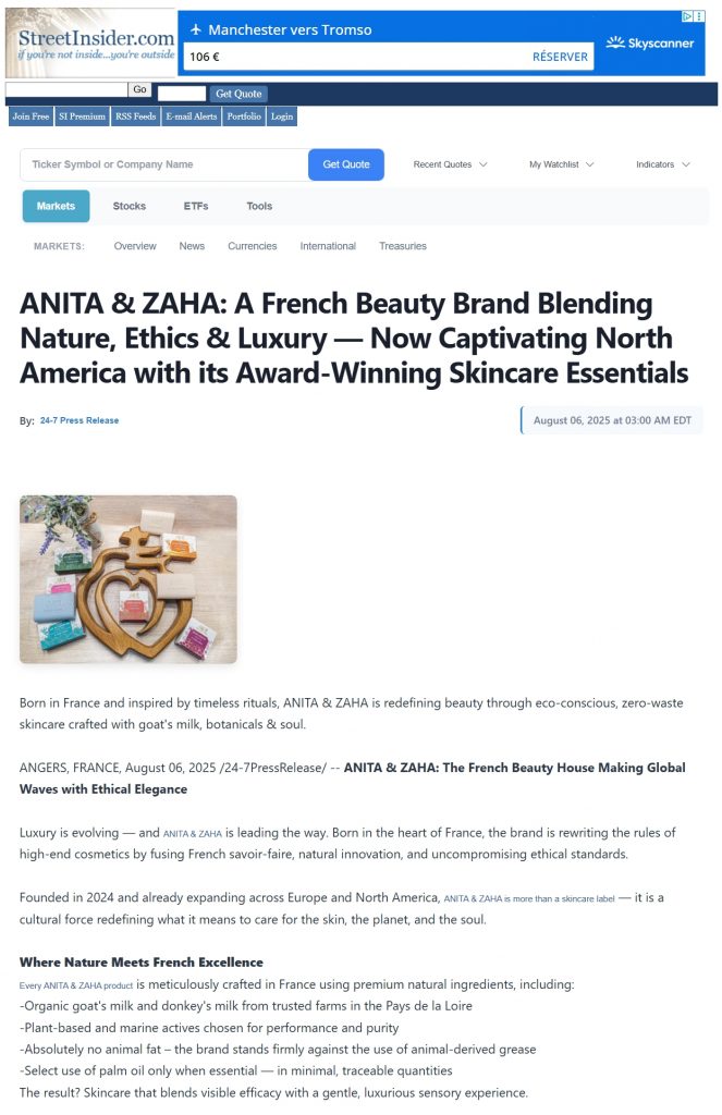 Screenshot of ANITA & ZAHA press release title in StreetInsider