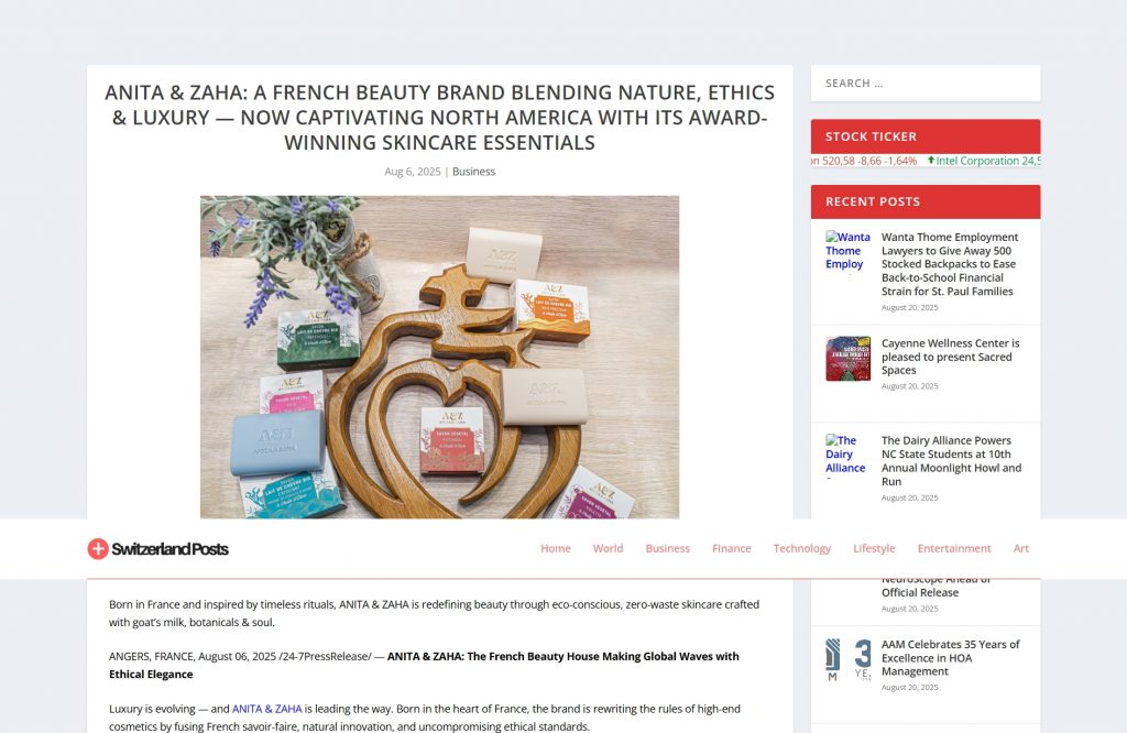 Screenshot of Switzerland Posts coverage of ANITA & ZAHA – sustainable French cosmetics redefining luxury