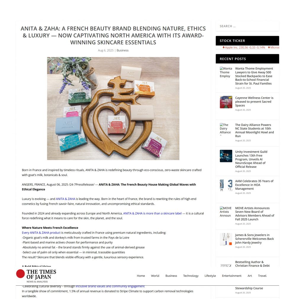 Screenshot of The Times of Japan article about ANITA & ZAHA – natural French beauty with ethical innovation