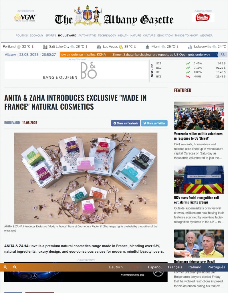 Screenshot of The Albany Gazette front page featuring ANITA & ZAHA natural cosmetics article