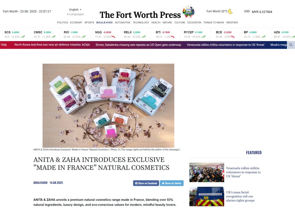 Screenshot of The Fort Worth Press front page featuring ANITA & ZAHA natural cosmetics article