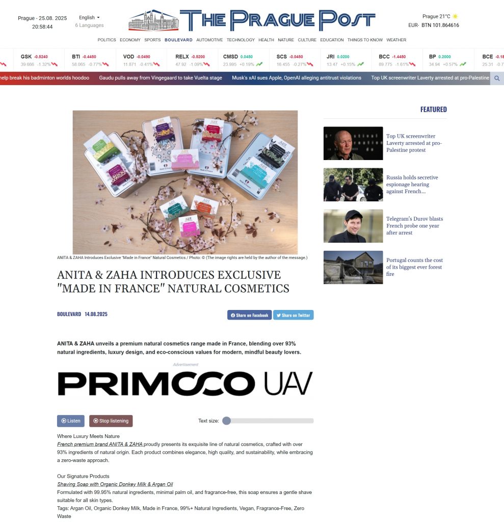 ANITA & ZAHA premium natural cosmetics highlighted in The Prague Post