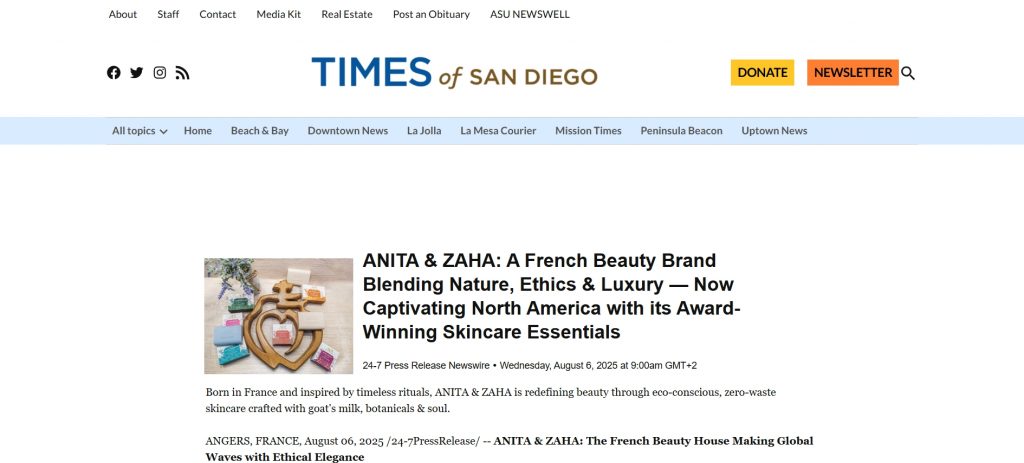 Screenshot of ANITA & ZAHA’s feature on Times of San Diego highlighting eco-luxury skincare trends.