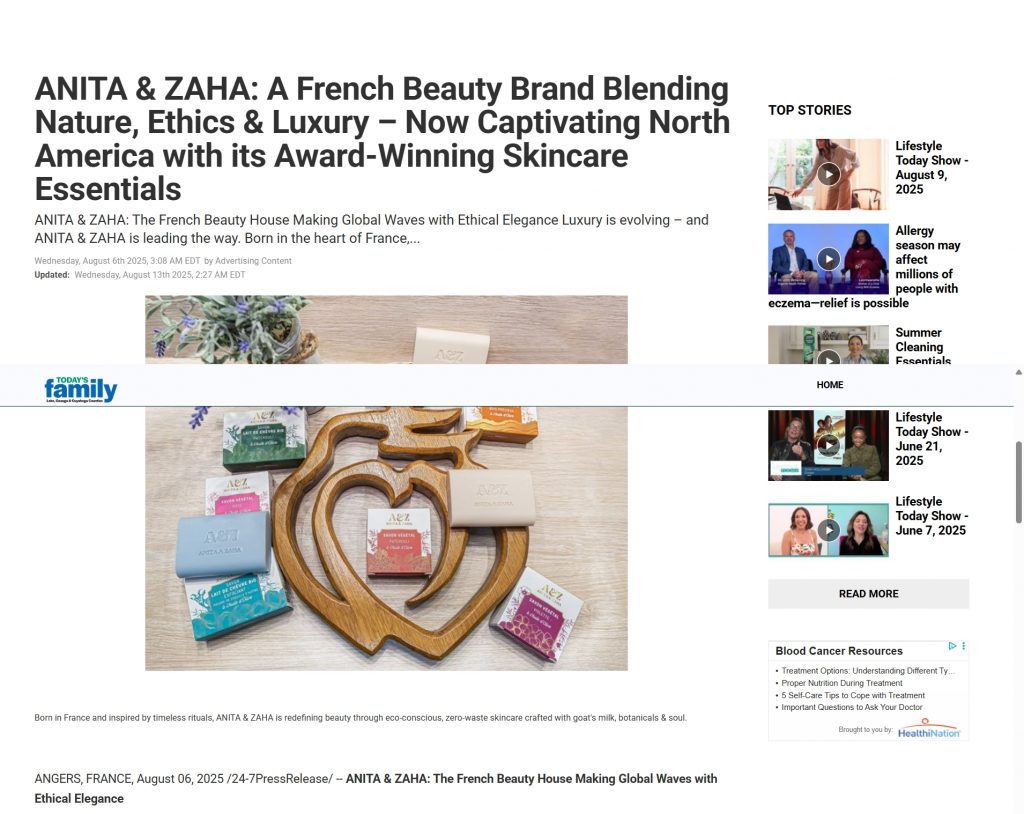 Screenshot of ANITA & ZAHA’s feature on Todays Family Magazine highlighting safe, natural skincare for families.