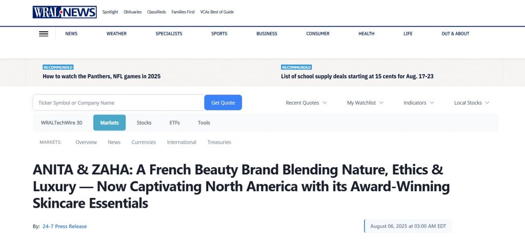 Screenshot of ANITA & ZAHA’s feature on WRAL showcasing eco-friendly luxury skincare available in North Carolina.