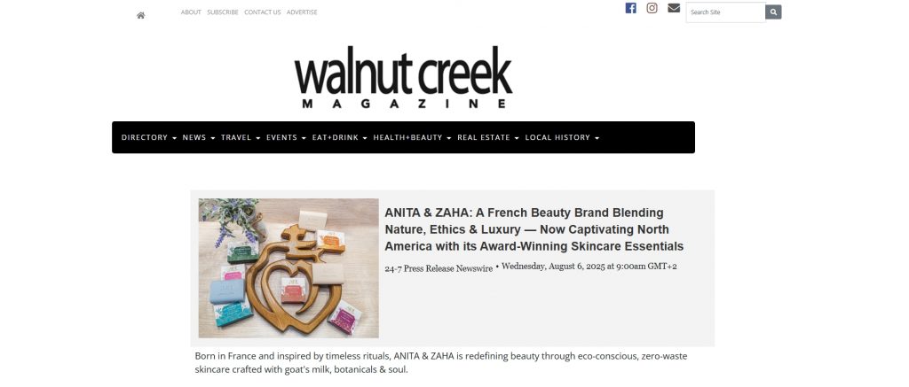 Screenshot of ANITA & ZAHA’s feature on Walnut Creek Magazine showing luxury and ethical skincare.
