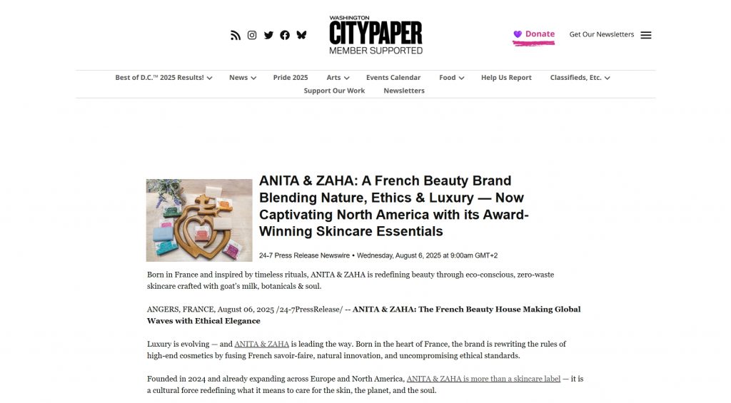 Screenshot of ANITA & ZAHA’s feature on Washington City Paper highlighting French culture, beauty, and ethical skincare in Washington DC.