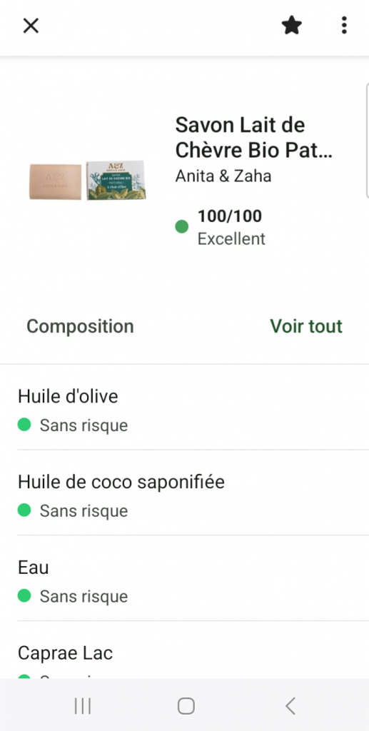 Capture d’écran affichant la note YUKA 100/100, excellent, pour le Savon au lait de chèvre bio Patchouli © ANITA & ZAHA