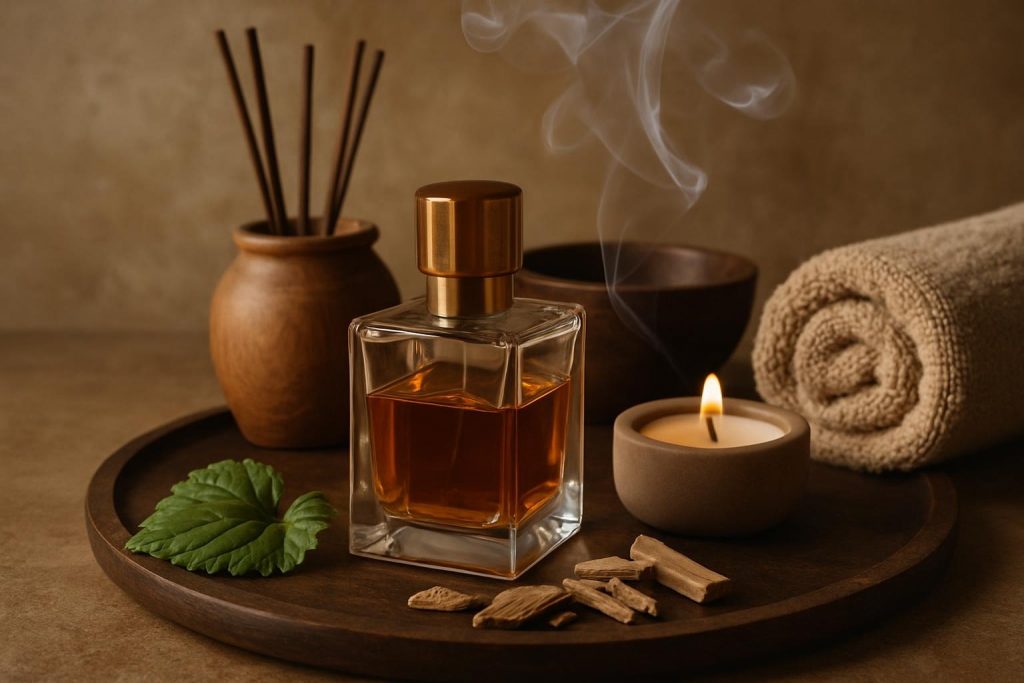 Une bougie d’aromathérapie allumée, entourée d’encens et de parfums raffinés, diffusant une fragrance délicate qui crée une atmosphère apaisante et relaxante. © ANITA & ZAHA