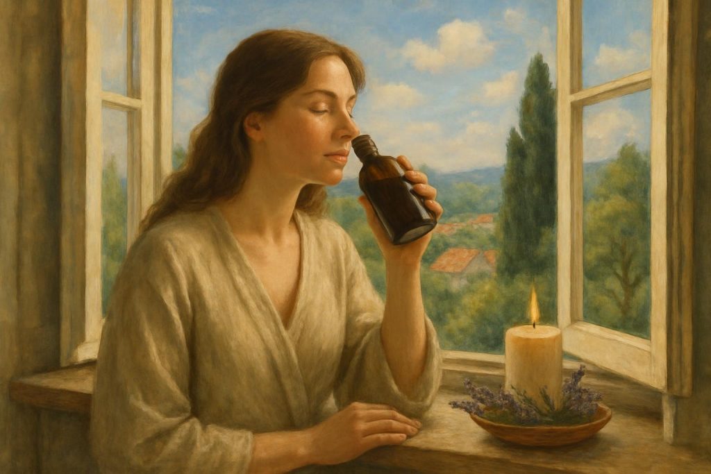 Une femme profite d’une fragrance délicate près d’une fenêtre ouverte, un instant de bien-être naturel – © ANITA & ZAHA.