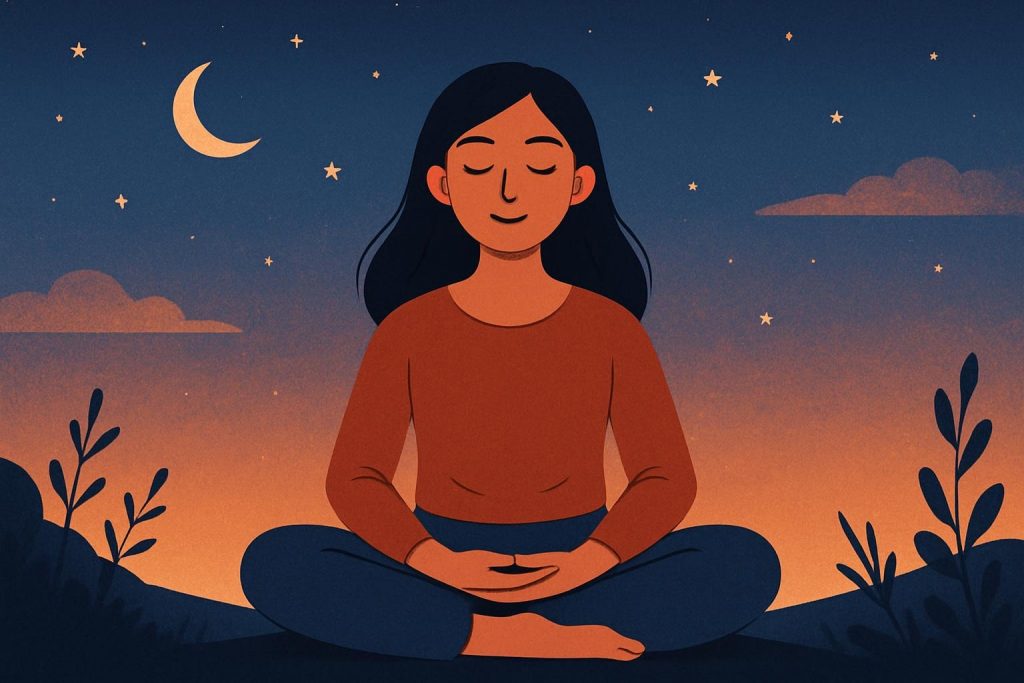 Une femme en méditation profite d’un moment de sérénité et de relaxation dans le calme du soir – © ANITA & ZAHA.