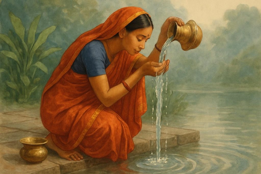 Une femme boit de l’eau fraîche d’une rivière, geste de pureté et de respect de la nature © ANITA & ZAHA
