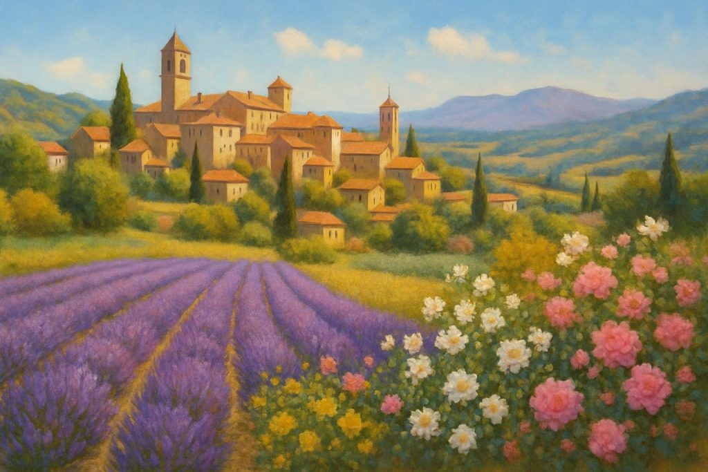 Champs de lavande à Grasse avec roses et jasmin, panorama provençal © ANITA & ZAHA