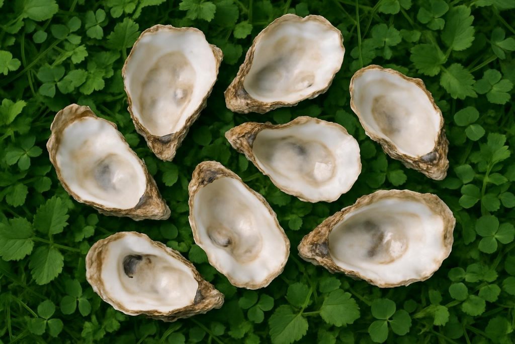 Coquilles d’huître vides sur herbe verte, matière première pour savon exfoliant © ANITA & ZAHA
