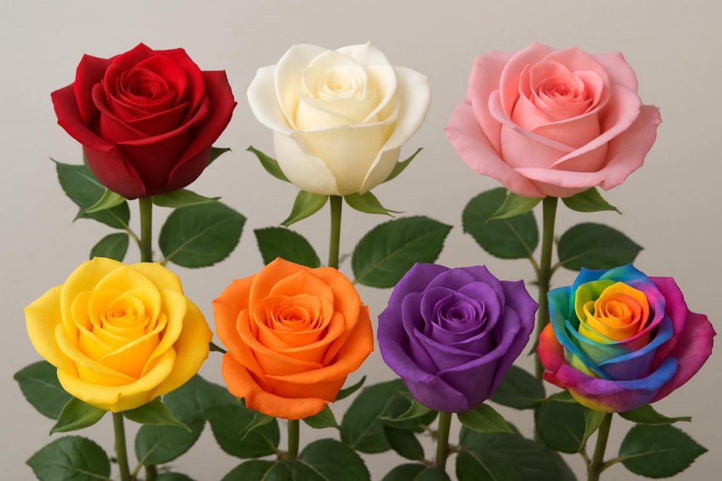 Collection de roses multicolores comprenant rouge, blanc, rose, jaune et violet – © 2025 ANITA & ZAHA