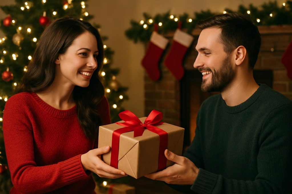 Deux êtres chers s’échangent un cadeau ANITA & ZAHA, moment de partage et d’attention. © ANITA & ZAHA