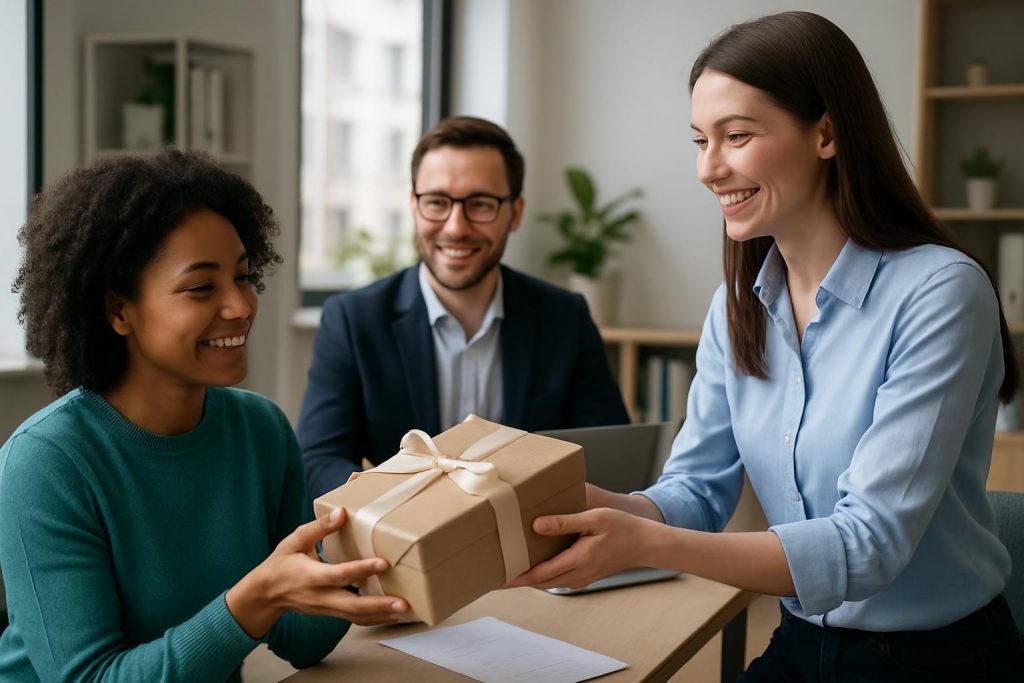collaboratrice de travail recevant un cadeau d’un membre de comité social et économique, photo générée par IA