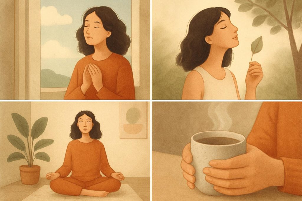 Quatre instants du quotidien d’une femme : méditation, café, marche et détente © ANITA & ZAHA