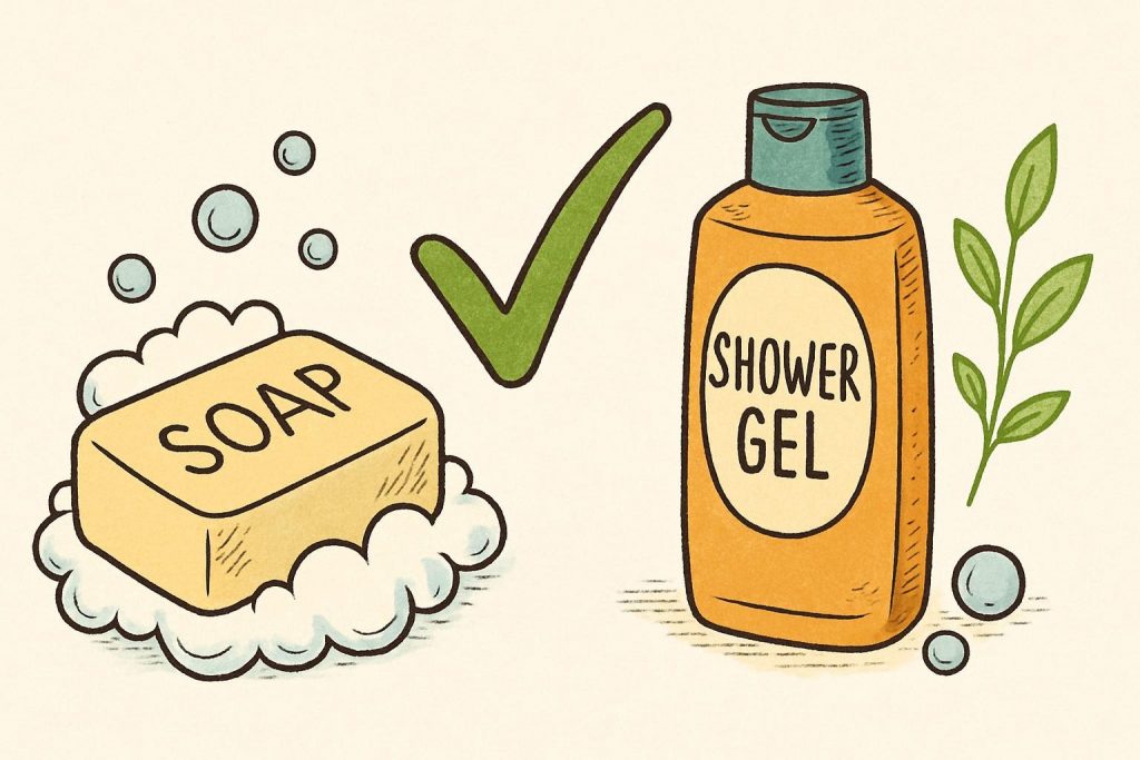 Savon et gel douche ANITA & ZAHA côte à côte, illustrant le choix entre les deux pour prendre soin de sa peau tout en respectant l’environnement © ANITA & ZAHA