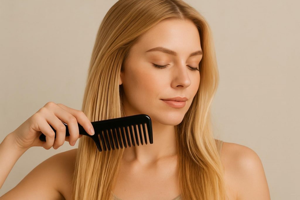 Gros plan sur une femme utilisant un peigne pour discipliner ses cheveux, illustrant soin et brillance.