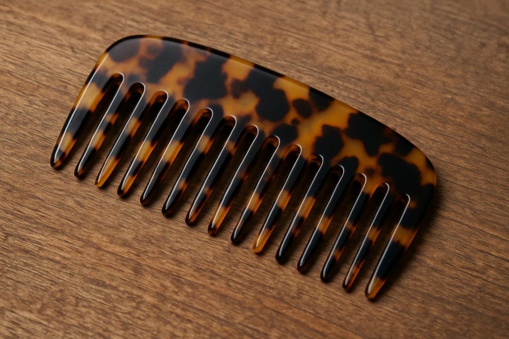 Gros plan sur un peigne en acétate de cellulose, mettant en valeur sa texture lisse et son design élégant pour le soin des cheveux.