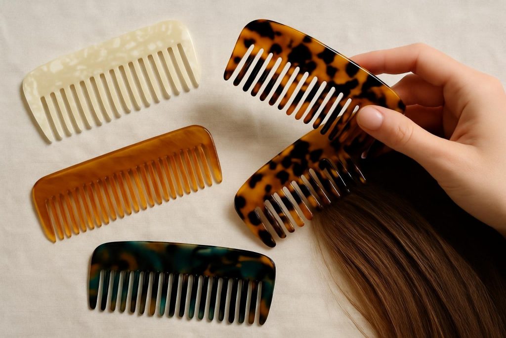 Plusieurs peignes en acétate de cellulose disposés sur une surface claire, illustrant un soin capillaire raffiné et naturel.