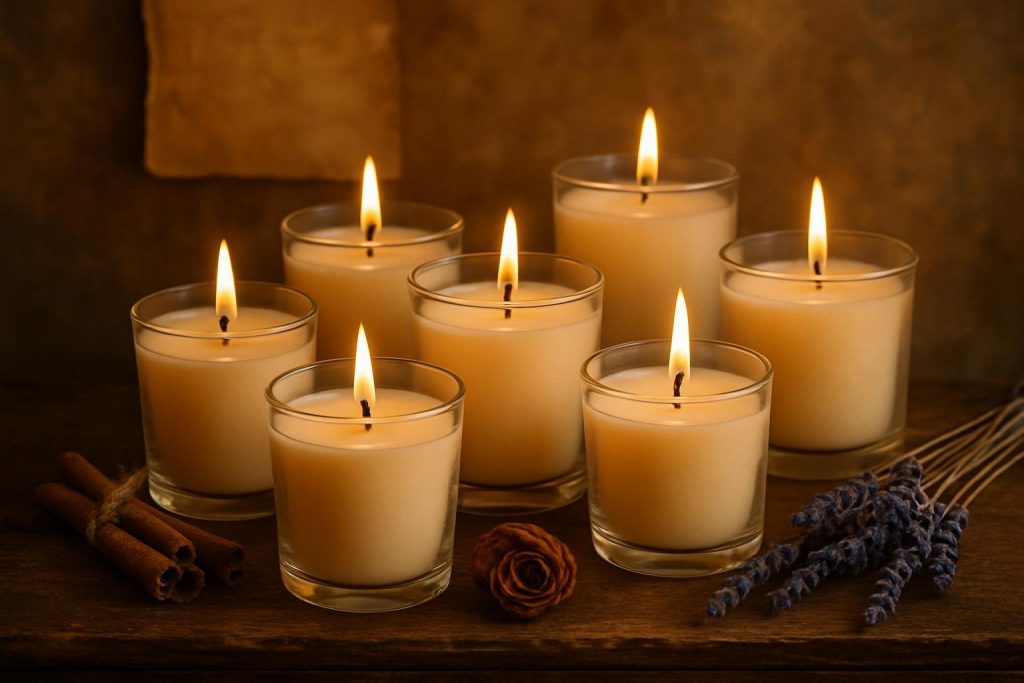 Bougie parfumée allumée créant une ambiance relaxante et un bien-être maison