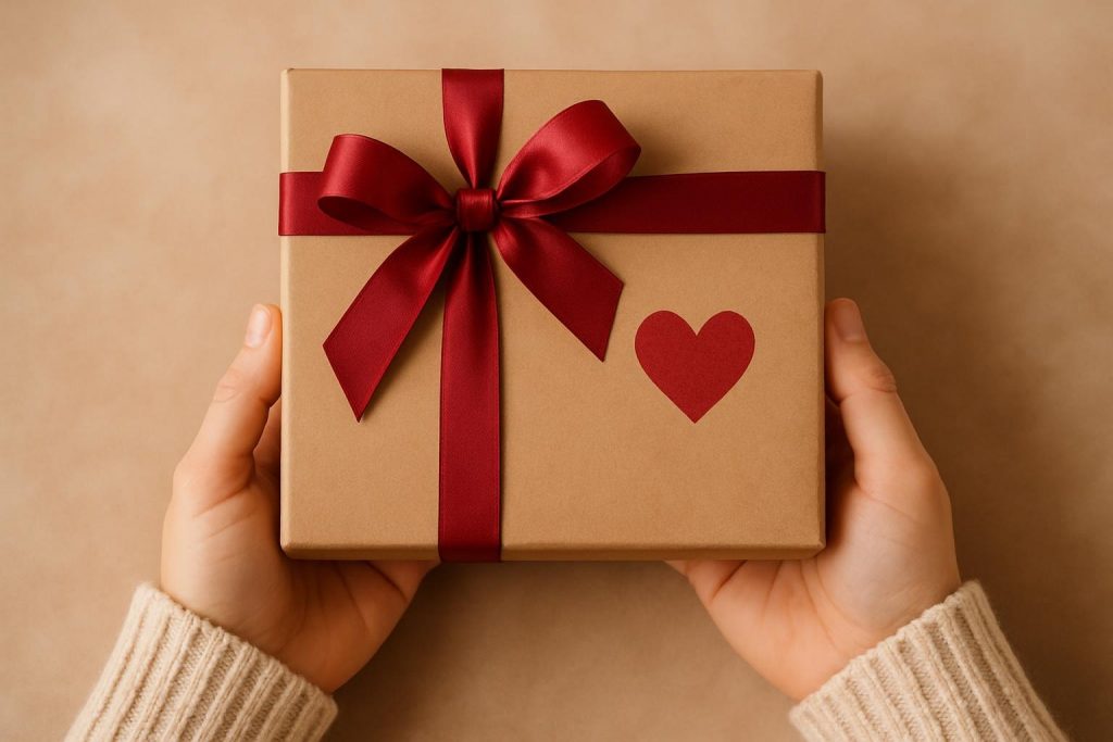 Mains féminines tendant un coffret cadeau joliment emballé, symbole d’attention et de raffinement.