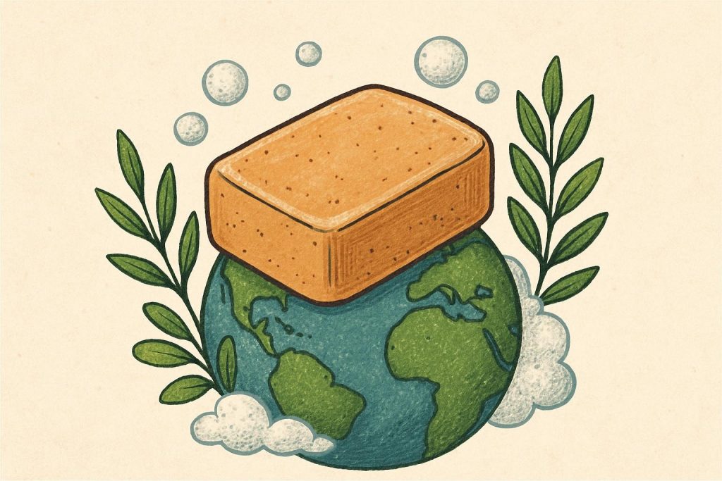 Savon ANITA & ZAHA posé sur la planète Terre entouré de deux branches de plantes et de mousse, symbolisant l’engagement écologique et la protection de l’environnement © ANITA & ZAHA