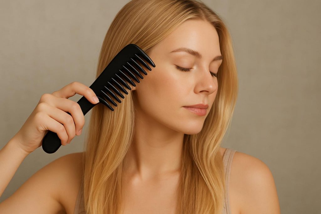 Femme tenant délicatement un peigne à cheveux en acétate, appliquant un rituel capillaire élégant et naturel.