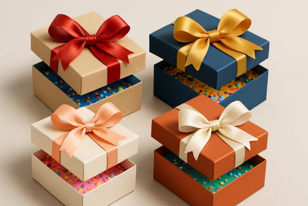 Image générée par intelligence artificielle représentant une collection de cadeaux colorés et sophistiqués, illustrant l’élégance et la créativité selon ANITA & ZAHA © ANITA & ZAHA