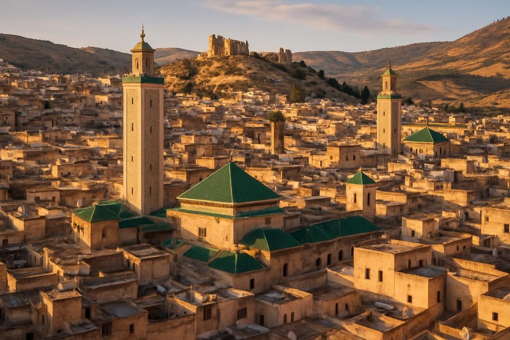 Vue panoramique de la ville de Fès © ANITA & ZAHA – Image générée par IA, montrant ses toits ocres et son patrimoine culturel intemporel.