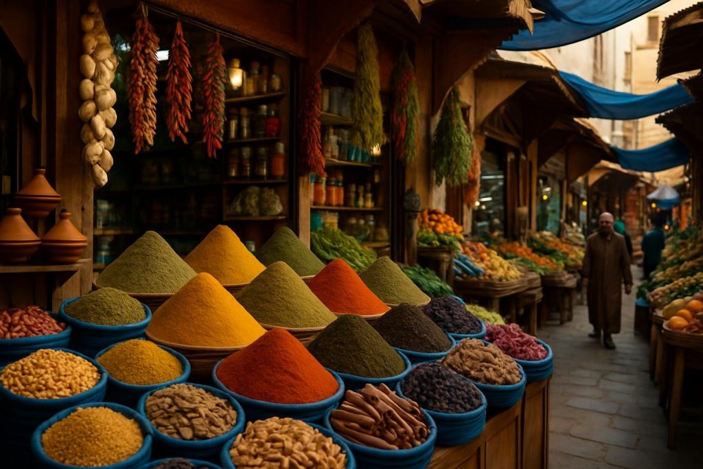 Ambiance du souk de Fès © ANITA & ZAHA – Image générée par IA, où les couleurs, les parfums et les artisans créent une expérience sensorielle unique.
