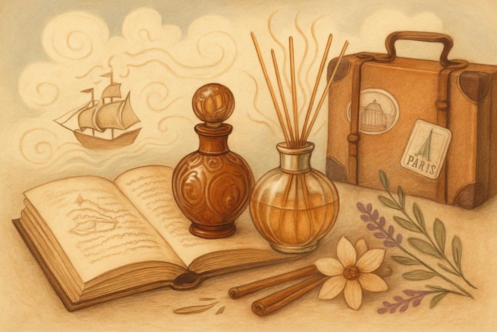 Parfum d’ambiance posé sur un livre de botanique, une valise et une table évoquant un voyage olfactif.