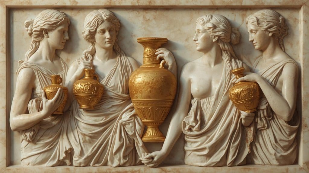 Quatre femmes romaines utilisant du savon végétal, illustrant l'héritage romain des soins de la peau